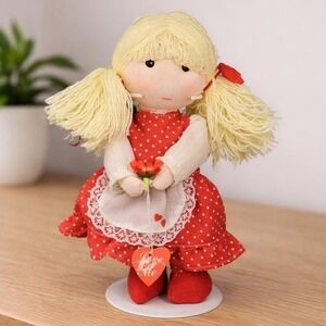 Vintage Rag Doll Red Polka Dot Dress Cloth Doll Heart Tag